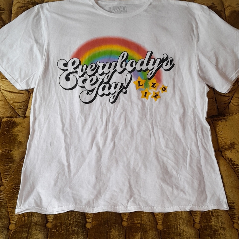 Lizzo White Graphic Tee with Rainbow Design